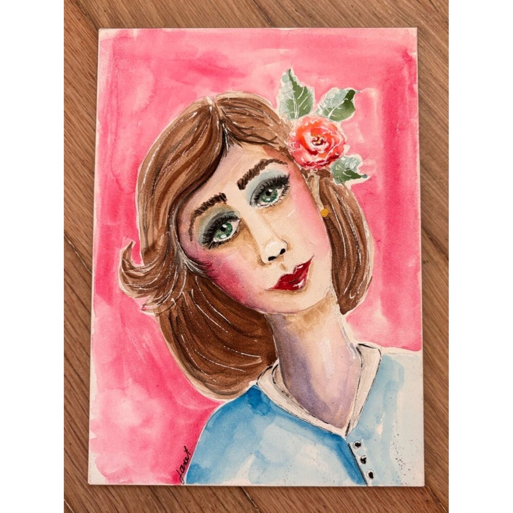 Stylized Portrait Woman Brown Hair Green Eyes Big Eyes 50s Style Pink Blue